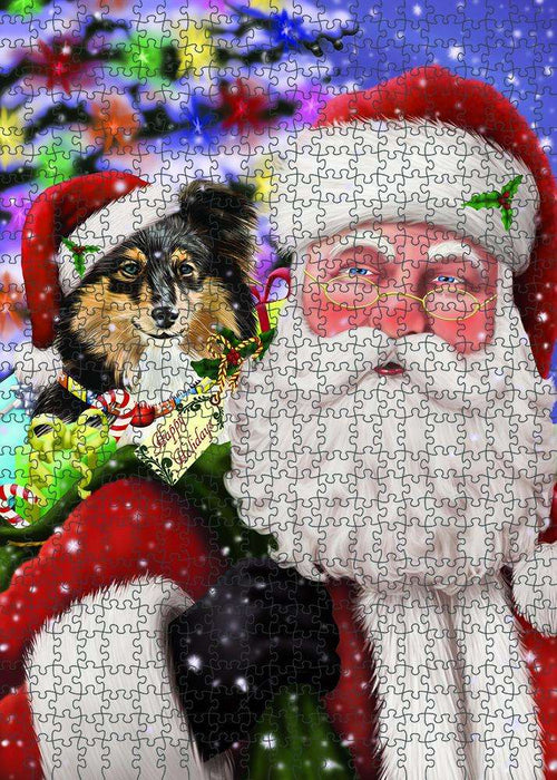 Santa Carrying Shetland Sheepdog and Christmas Presents Puzzle with Photo Tin PUZL83224
