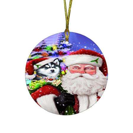 Santa Carrying Siberian Huskie Dog and Christmas Presents Round Flat Christmas Ornament RFPOR54014