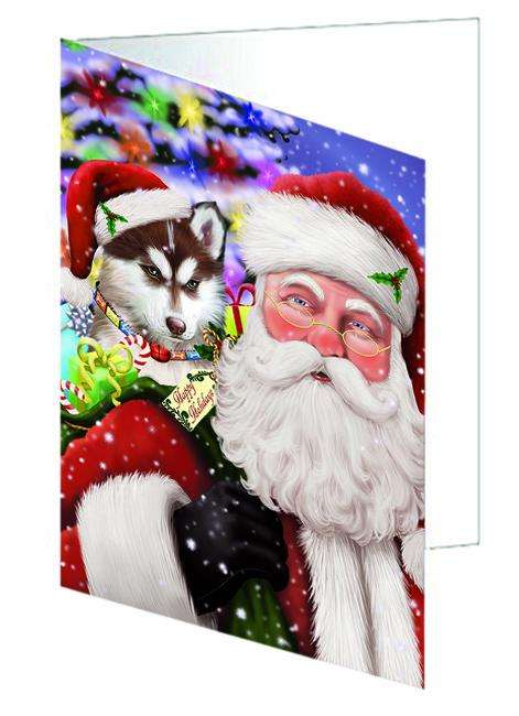 Santa Carrying Siberian Husky Dog and Christmas Presents Handmade Artwork Assorted Pets Greeting Cards and Note Cards with Envelopes for All Occasions and Holiday Seasons GCD66095