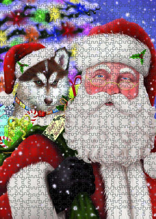 Santa Carrying Siberian Husky Dog and Christmas Presents Puzzle with Photo Tin PUZL83244