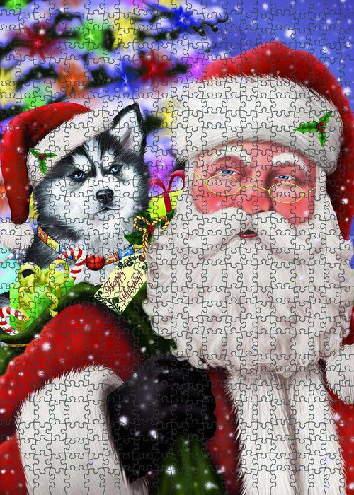 Santa Carrying Siberian Husky Dog and Christmas Presents Puzzle with Photo Tin PUZL83248