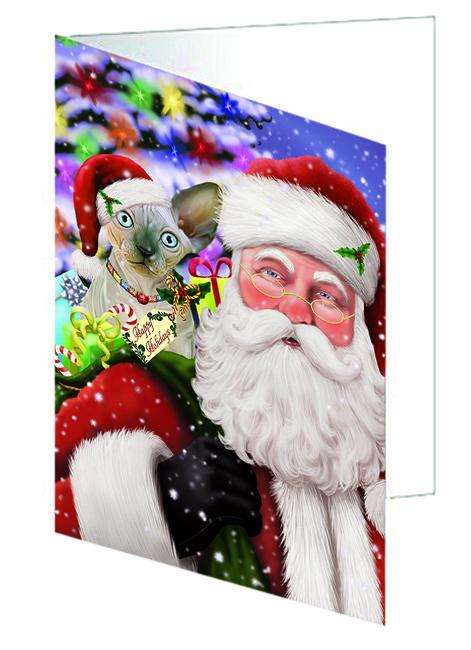 Santa Carrying Sphynx Cat and Christmas Presents Handmade Artwork Assorted Pets Greeting Cards and Note Cards with Envelopes for All Occasions and Holiday Seasons GCD65144