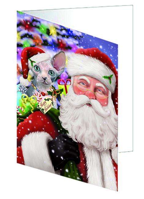 Santa Carrying Sphynx Cat and Christmas Presents Handmade Artwork Assorted Pets Greeting Cards and Note Cards with Envelopes for All Occasions and Holiday Seasons GCD65147