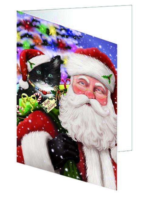 Santa Carrying Tuxedo Cat and Christmas Presents Handmade Artwork Assorted Pets Greeting Cards and Note Cards with Envelopes for All Occasions and Holiday Seasons GCD65150