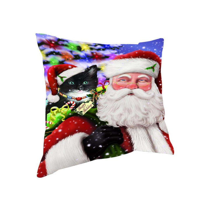 Santa Carrying Tuxedo Cat and Christmas Presents Pillow PIL71452
