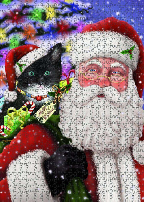 Santa Carrying Tuxedo Cat and Christmas Presents Puzzle with Photo Tin PUZL81984