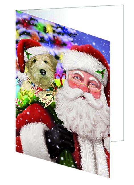 Santa Carrying Wheaten Terrier Dog and Christmas Presents Handmade Artwork Assorted Pets Greeting Cards and Note Cards with Envelopes for All Occasions and Holiday Seasons GCD65156