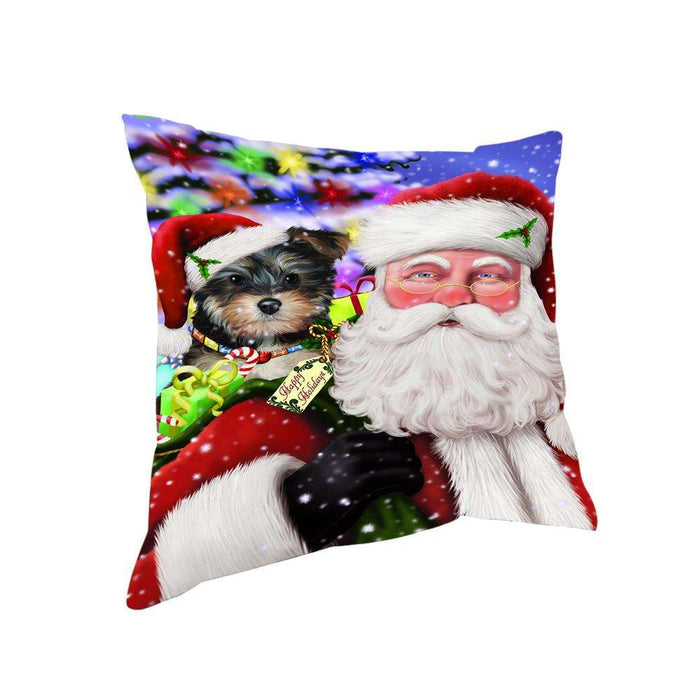 Santa Carrying Yorkipoo Dog and Christmas Presents Pillow PIL71476