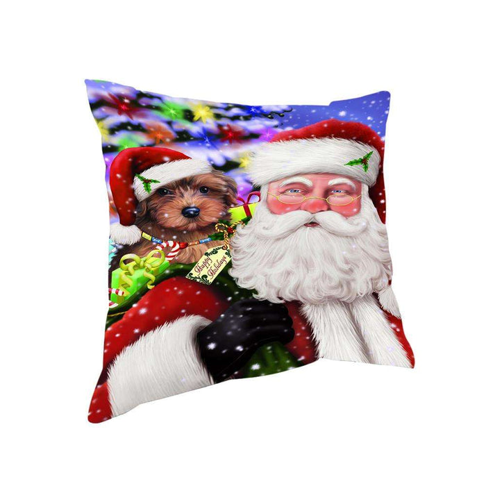 Santa Carrying Yorkipoo Dog and Christmas Presents Pillow PIL71484