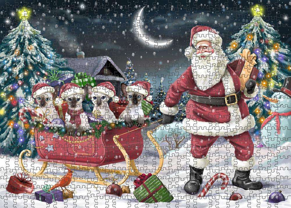 Santa Sled Christmas Happy Holidays Blue Point Siamese Cats Puzzle with Photo Tin PUZL84664