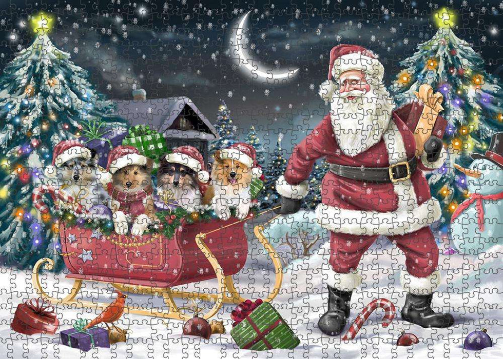 Santa Sled Christmas Happy Holidays Rough Collies Dog Puzzle with Photo Tin PUZL84672