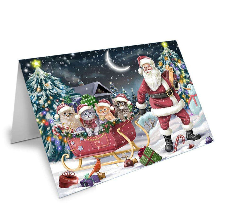 Santa Sled Christmas Happy Holidays Siberian Cats Handmade Artwork Assorted Pets Greeting Cards and Note Cards with Envelopes for All Occasions and Holiday Seasons GCD67169