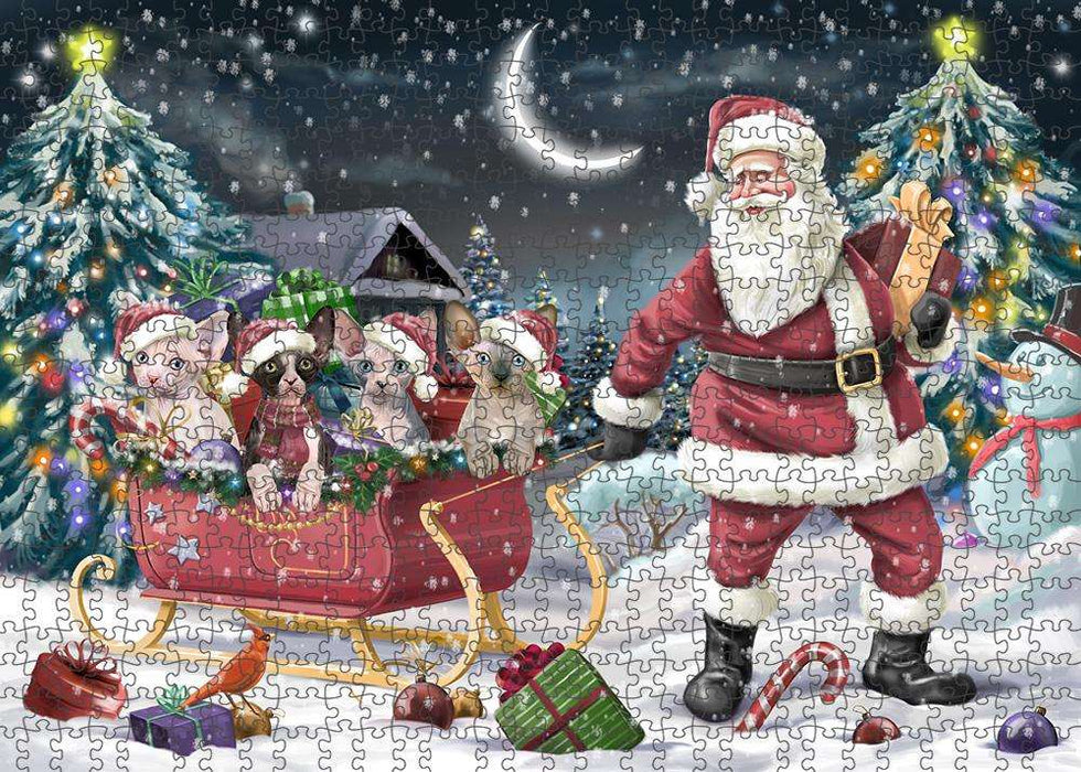 Santa Sled Dogs Christmas Happy Holidays Sphynx Cats Puzzle with Photo Tin PUZL59262
