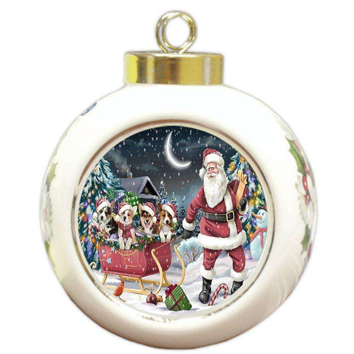 Santa Sled Dogs Corgi Christmas Round Ball Ornament POR998