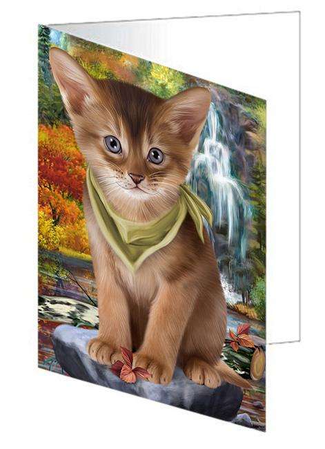 Scenic Waterfall Abyssinian Cat Handmade Artwork Assorted Pets Greeting Cards and Note Cards with Envelopes for All Occasions and Holiday Seasons GCD68393