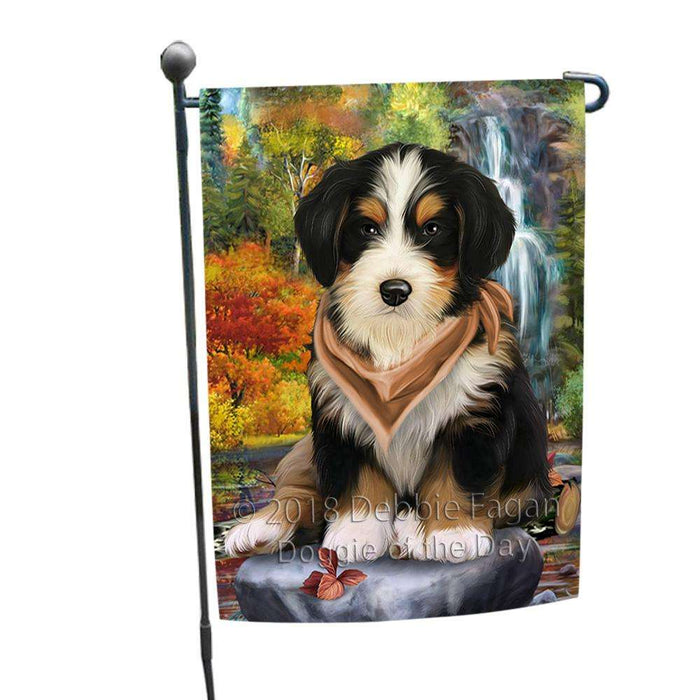 Scenic Waterfall Bernedoodle Dog Garden Flag GFLG49523