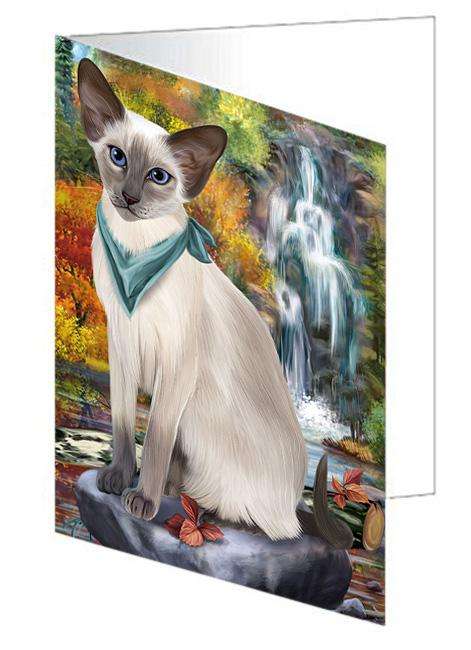 Scenic Waterfall Blue Point Siamese Cat Handmade Artwork Assorted Pets Greeting Cards and Note Cards with Envelopes for All Occasions and Holiday Seasons GCD68408