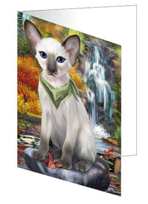 Scenic Waterfall Blue Point Siamese Cat Handmade Artwork Assorted Pets Greeting Cards and Note Cards with Envelopes for All Occasions and Holiday Seasons GCD68411