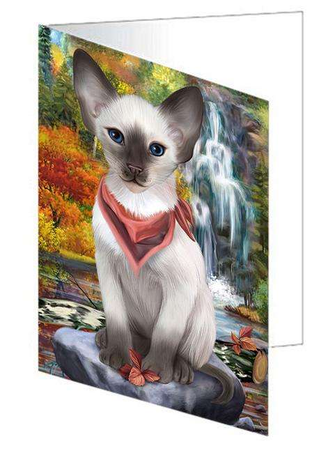 Scenic Waterfall Blue Point Siamese Cat Handmade Artwork Assorted Pets Greeting Cards and Note Cards with Envelopes for All Occasions and Holiday Seasons GCD68417