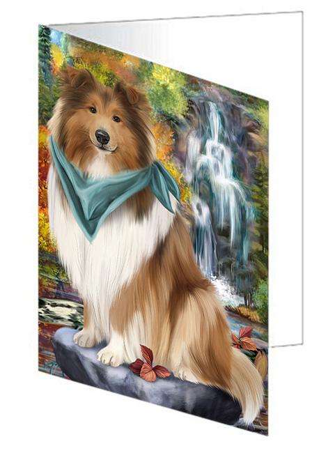 Scenic Waterfall Rough Collie Dog Handmade Artwork Assorted Pets Greeting Cards and Note Cards with Envelopes for All Occasions and Holiday Seasons GCD68444