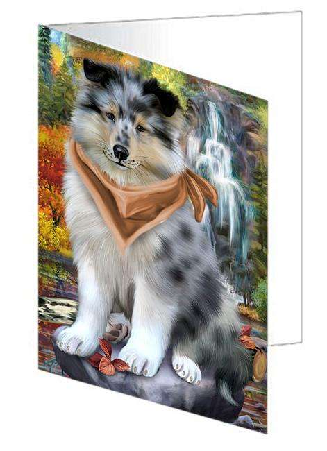 Scenic Waterfall Rough Collie Dog Handmade Artwork Assorted Pets Greeting Cards and Note Cards with Envelopes for All Occasions and Holiday Seasons GCD68447