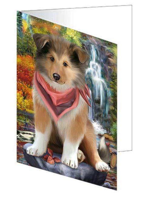 Scenic Waterfall Rough Collie Dog Handmade Artwork Assorted Pets Greeting Cards and Note Cards with Envelopes for All Occasions and Holiday Seasons GCD68450