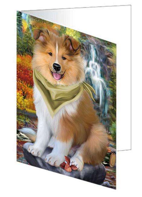 Scenic Waterfall Rough Collie Dog Handmade Artwork Assorted Pets Greeting Cards and Note Cards with Envelopes for All Occasions and Holiday Seasons GCD68453