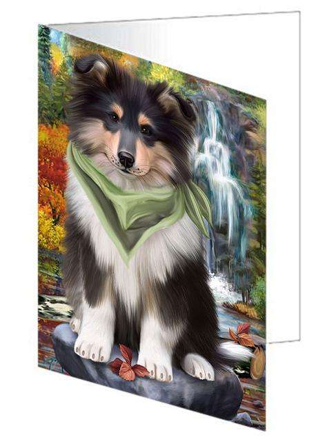 Scenic Waterfall Rough Collie Dog Handmade Artwork Assorted Pets Greeting Cards and Note Cards with Envelopes for All Occasions and Holiday Seasons GCD68456