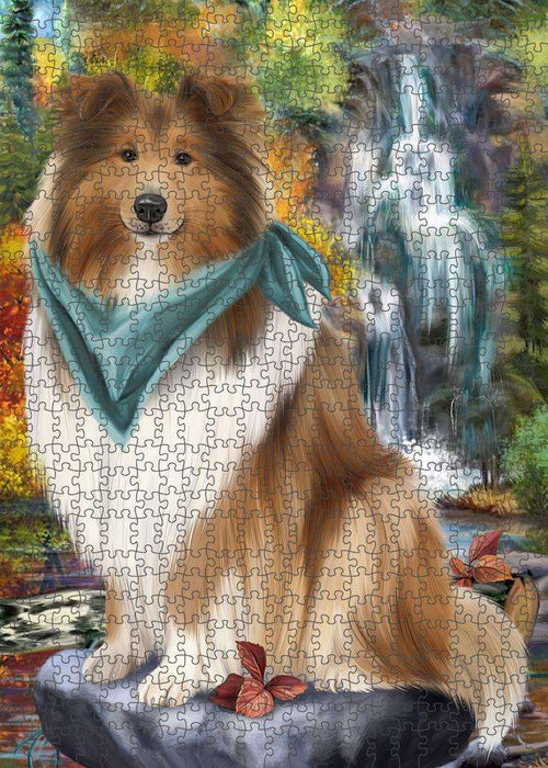 Scenic Waterfall Rough Collie Dog Puzzle with Photo Tin PUZL86376