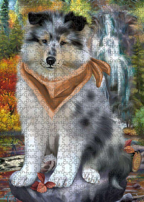 Scenic Waterfall Rough Collie Dog Puzzle with Photo Tin PUZL86380