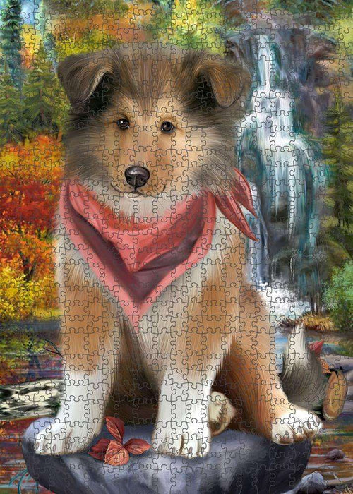 Scenic Waterfall Rough Collie Dog Puzzle with Photo Tin PUZL86384