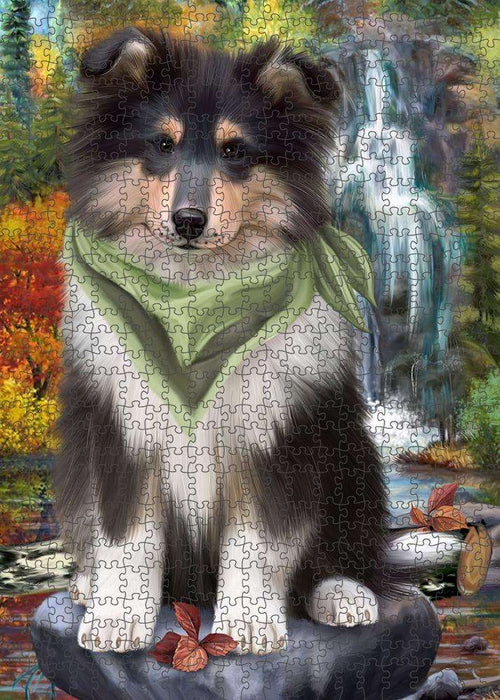 Scenic Waterfall Rough Collie Dog Puzzle with Photo Tin PUZL86392