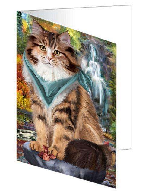Scenic Waterfall Siberian Cat Handmade Artwork Assorted Pets Greeting Cards and Note Cards with Envelopes for All Occasions and Holiday Seasons GCD68462