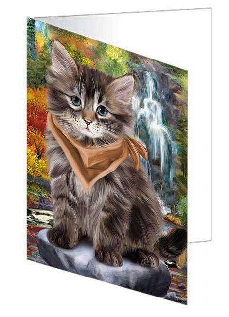 Scenic Waterfall Siberian Cat Handmade Artwork Assorted Pets Greeting Cards and Note Cards with Envelopes for All Occasions and Holiday Seasons GCD68465