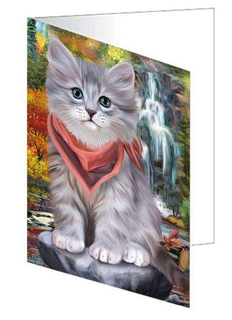 Scenic Waterfall Siberian Cat Handmade Artwork Assorted Pets Greeting Cards and Note Cards with Envelopes for All Occasions and Holiday Seasons GCD68468
