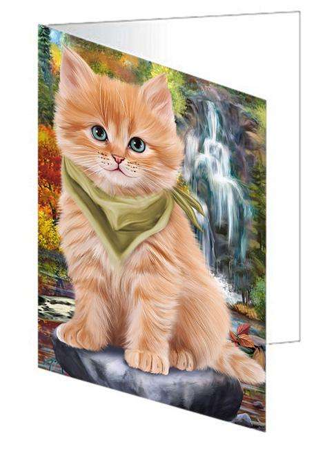 Scenic Waterfall Siberian Cat Handmade Artwork Assorted Pets Greeting Cards and Note Cards with Envelopes for All Occasions and Holiday Seasons GCD68471