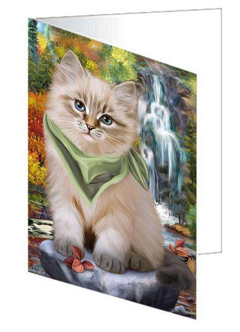 Scenic Waterfall Siberian Cat Handmade Artwork Assorted Pets Greeting Cards and Note Cards with Envelopes for All Occasions and Holiday Seasons GCD68474