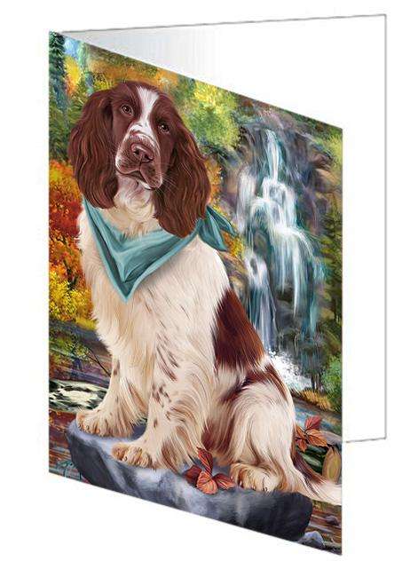 Scenic Waterfall Springer Spaniel Dog Handmade Artwork Assorted Pets Greeting Cards and Note Cards with Envelopes for All Occasions and Holiday Seasons GCD68480