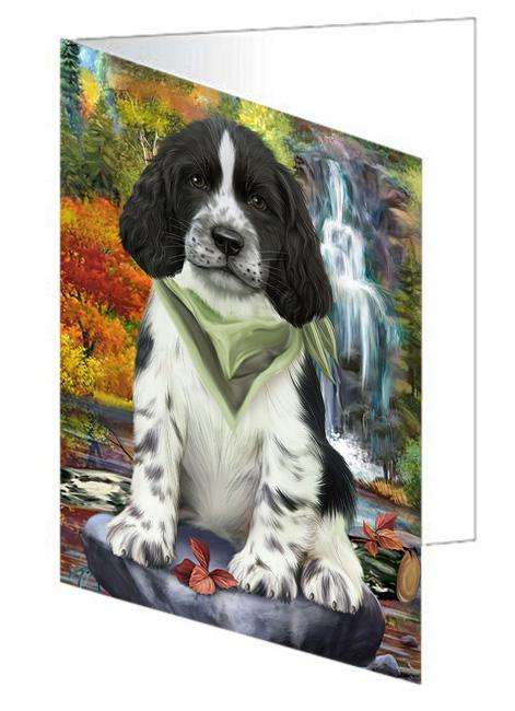 Scenic Waterfall Springer Spaniel Dog Handmade Artwork Assorted Pets Greeting Cards and Note Cards with Envelopes for All Occasions and Holiday Seasons GCD68483