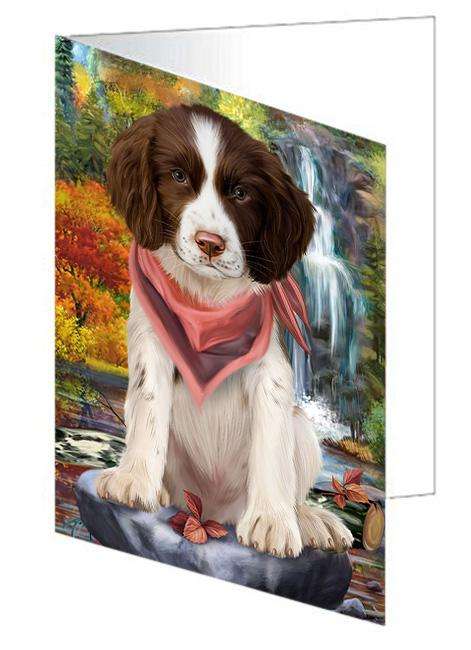 Scenic Waterfall Springer Spaniel Dog Handmade Artwork Assorted Pets Greeting Cards and Note Cards with Envelopes for All Occasions and Holiday Seasons GCD68489