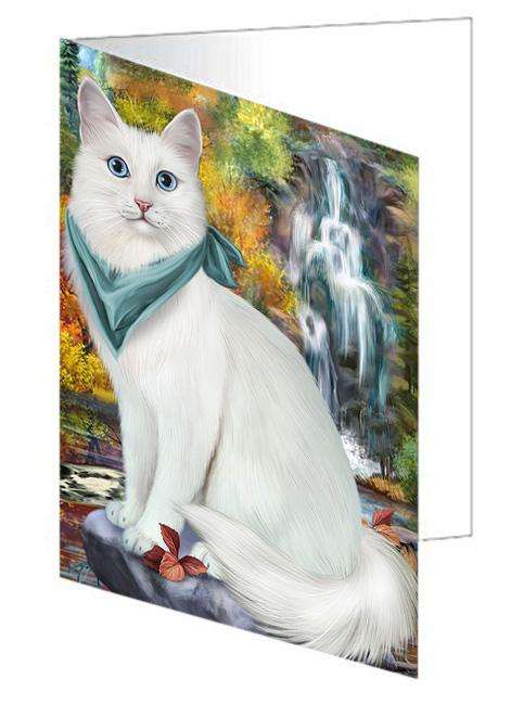 Scenic Waterfall Turkish Angora Cat Handmade Artwork Assorted Pets Greeting Cards and Note Cards with Envelopes for All Occasions and Holiday Seasons GCD68516