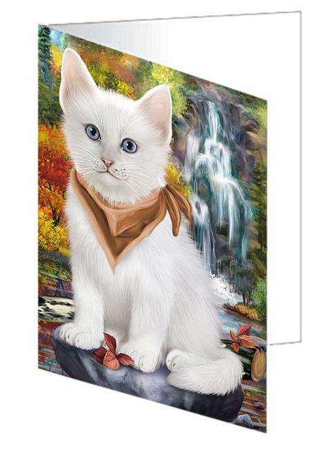 Scenic Waterfall Turkish Angora Cat Handmade Artwork Assorted Pets Greeting Cards and Note Cards with Envelopes for All Occasions and Holiday Seasons GCD68519