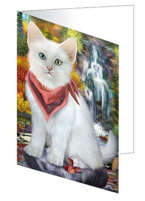 Scenic Waterfall Turkish Angora Cat Handmade Artwork Assorted Pets Greeting Cards and Note Cards with Envelopes for All Occasions and Holiday Seasons GCD68522