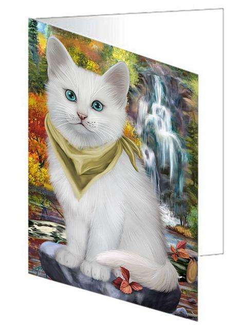 Scenic Waterfall Turkish Angora Cat Handmade Artwork Assorted Pets Greeting Cards and Note Cards with Envelopes for All Occasions and Holiday Seasons GCD68525