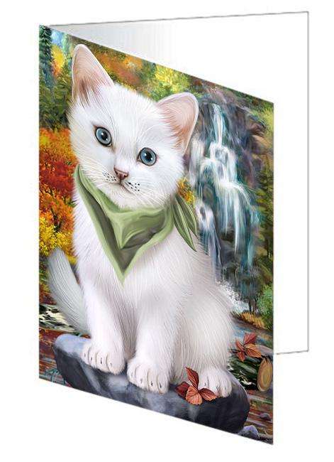 Scenic Waterfall Turkish Angora Cat Handmade Artwork Assorted Pets Greeting Cards and Note Cards with Envelopes for All Occasions and Holiday Seasons GCD68528