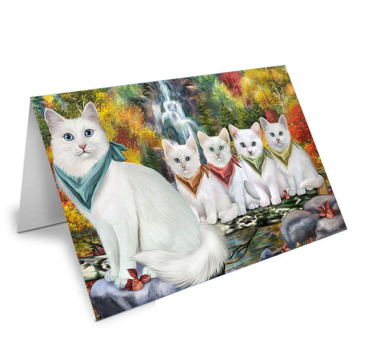 Scenic Waterfall Turkish Angora Cats Handmade Artwork Assorted Pets Greeting Cards and Note Cards with Envelopes for All Occasions and Holiday Seasons GCD68513