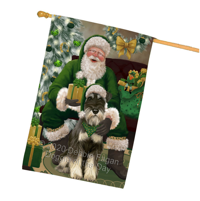 Christmas Irish Santa with Gift and Schnauzer Dog House Flag FLG66738
