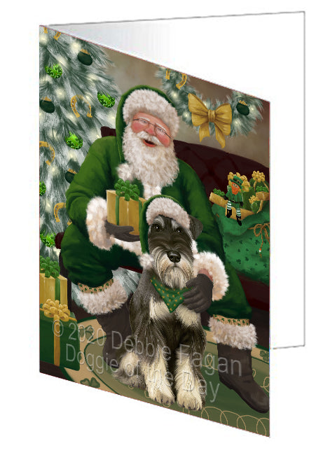 Christmas Irish Santa with Gift and Schnauzer Dog Handmade Artwork Assorted Pets Greeting Cards and Note Cards with Envelopes for All Occasions and Holiday Seasons GCD75968