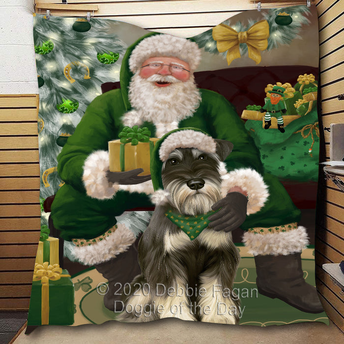 Christmas Irish Santa with Gift and Schnauzer Dog Quilt Bed Coverlet Bedspread - Pets Comforter Unique One-side Animal Printing - Soft Lightweight Durable Washable Polyester Quilt