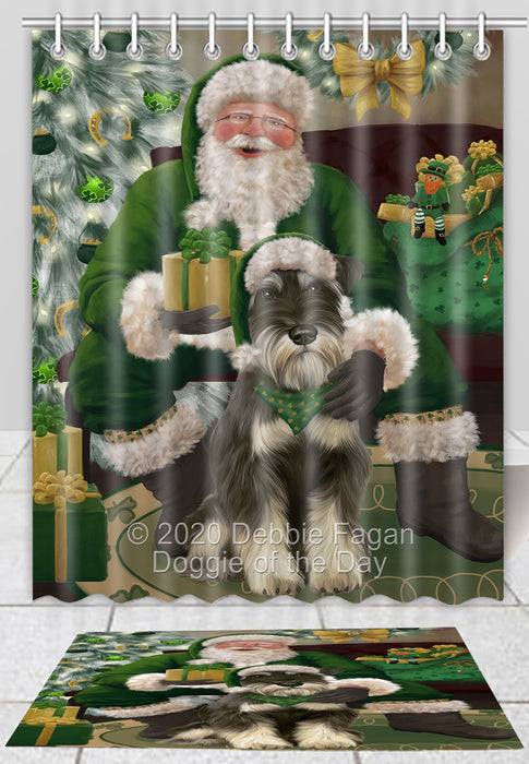 Christmas Irish Santa with Gift Schnauzer Dog Bath Mat and Shower Curtain Combo